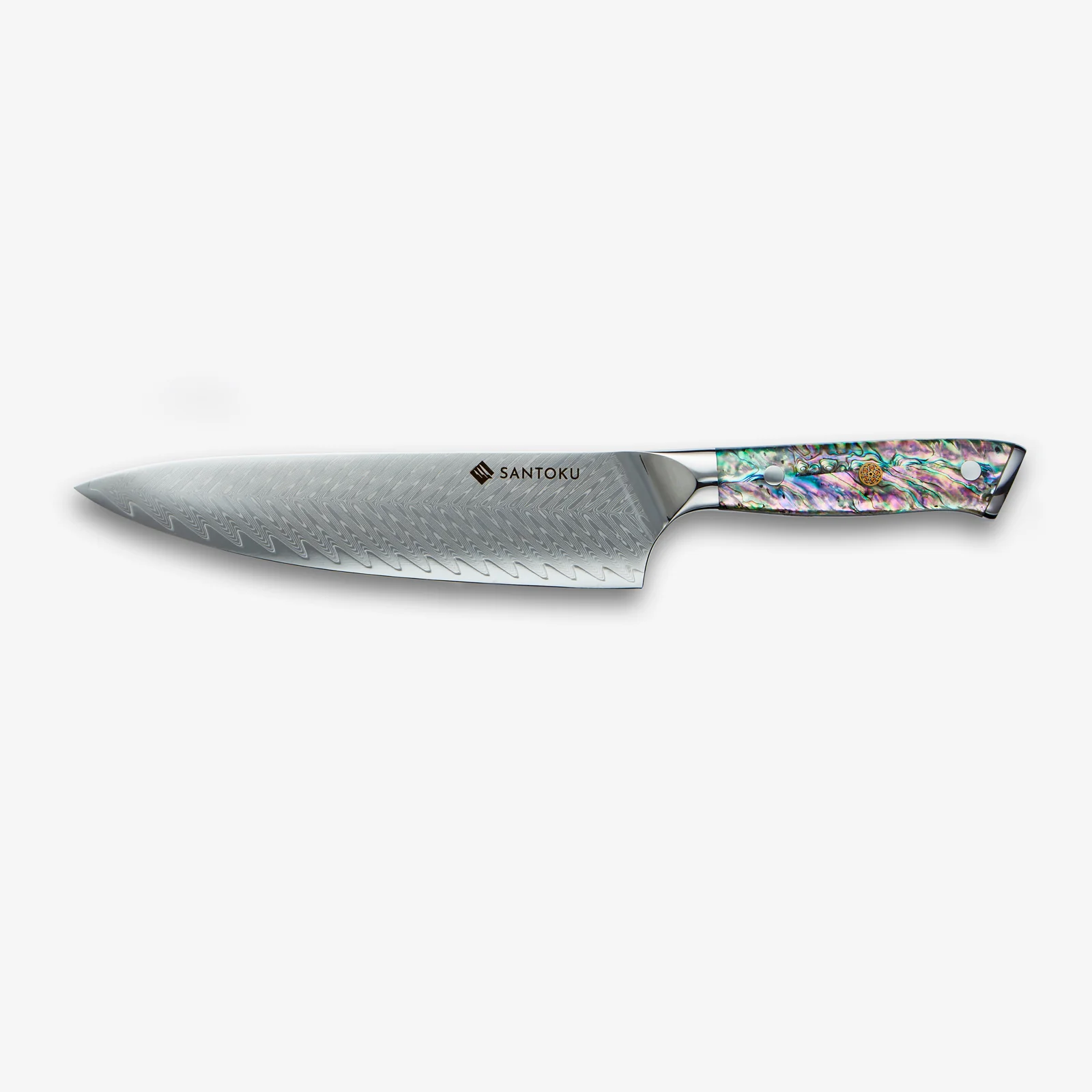 Chikashi Damascus Chef Knife & Steel Set With Abalone Handle - Image 3