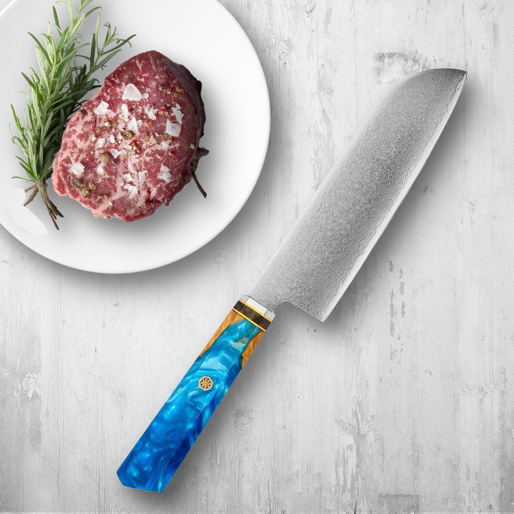 Makito Damascus Steel Knives With Coloured Blue Resin Handle - Image 24