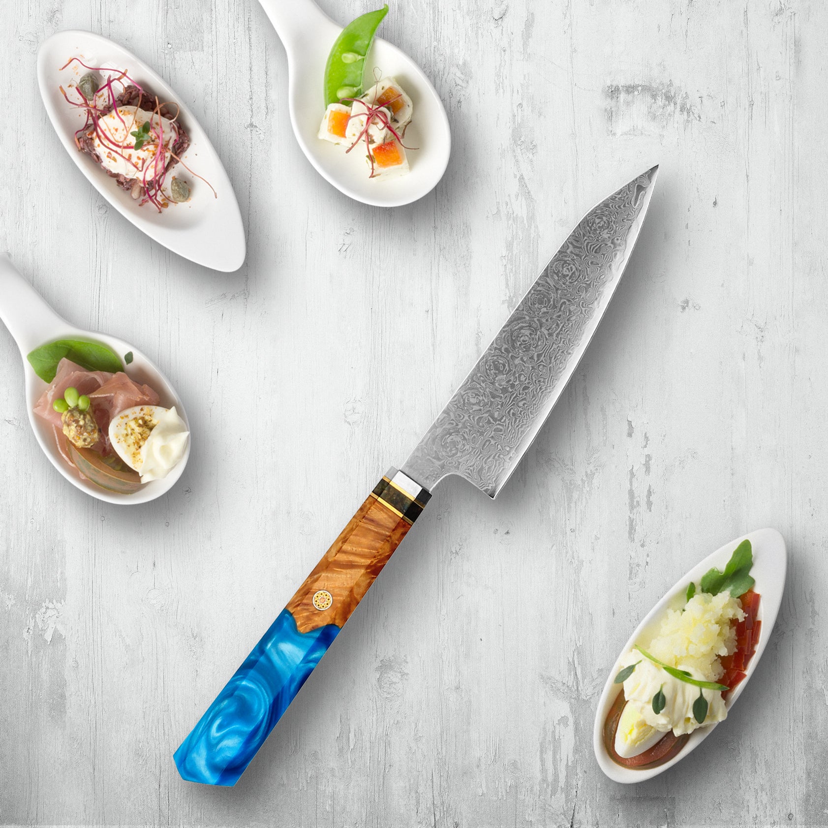 Makito Damascus Steel Knives With Coloured Blue Resin Handle - Image 26