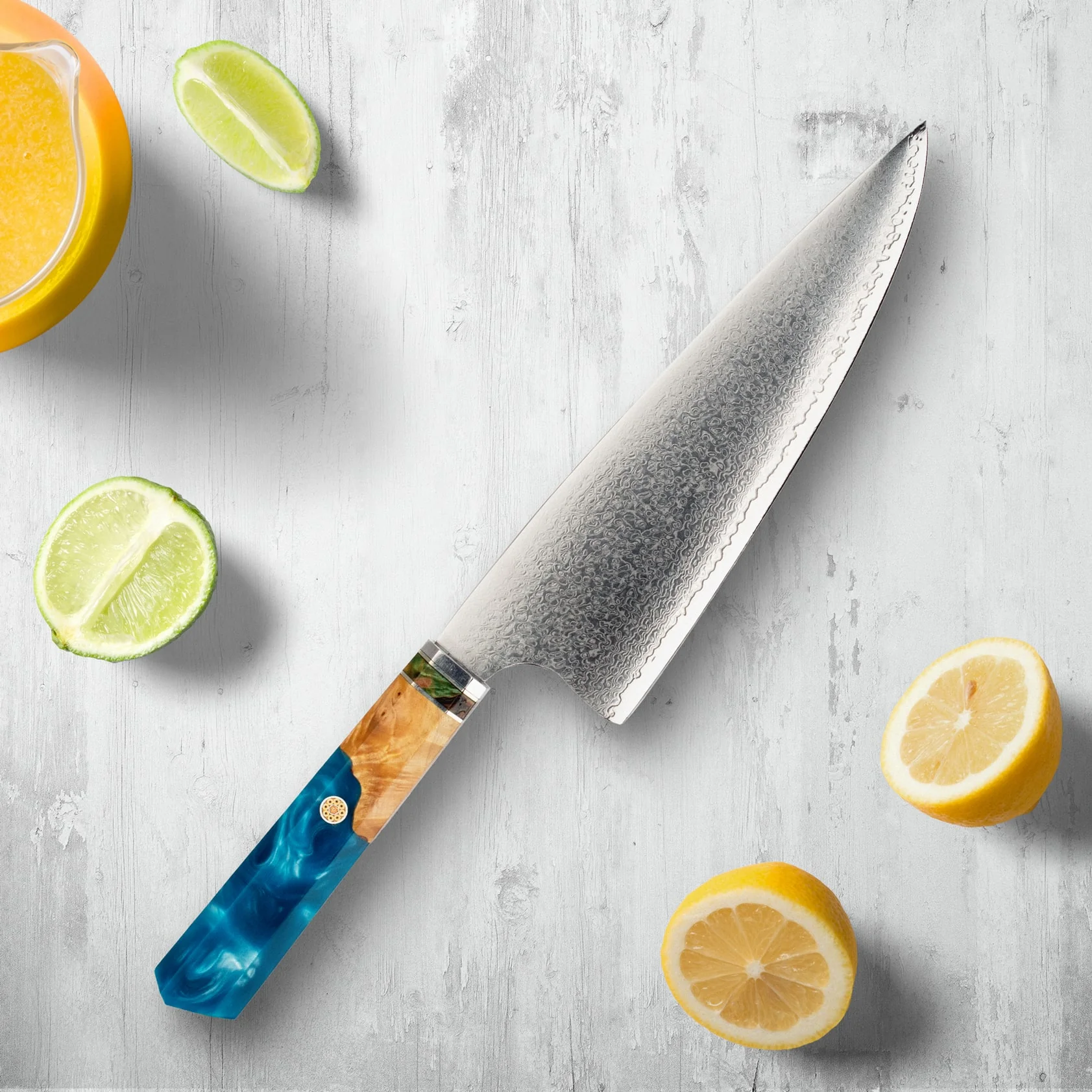 Makito Damascus Steel Knives With Coloured Blue Resin Handle - Image 4