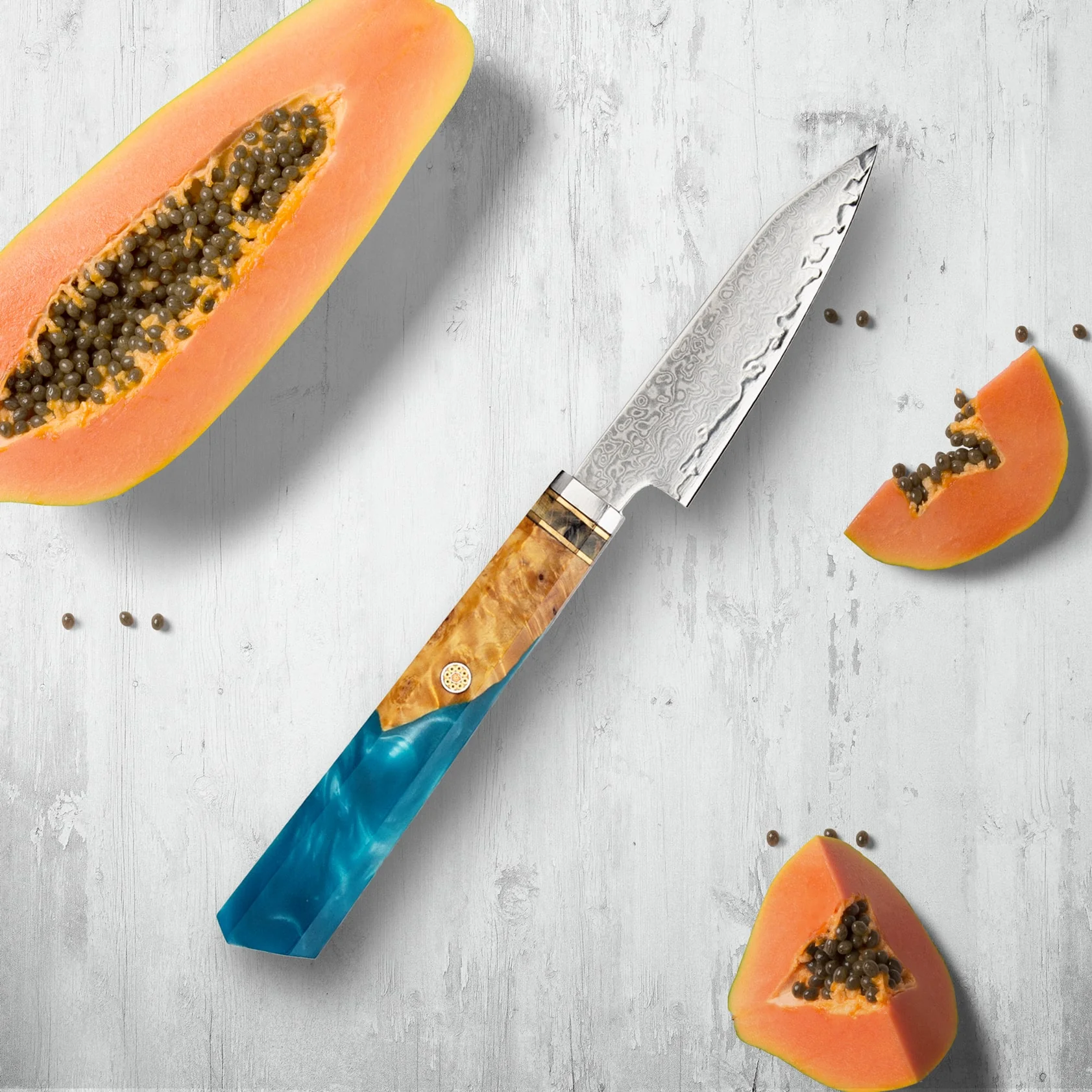 Makito Damascus Steel Knives With Coloured Blue Resin Handle - Image 7