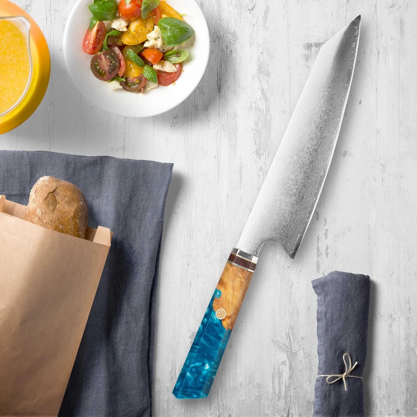 Makito Damascus Steel Knives With Coloured Blue Resin Handle - Image 9